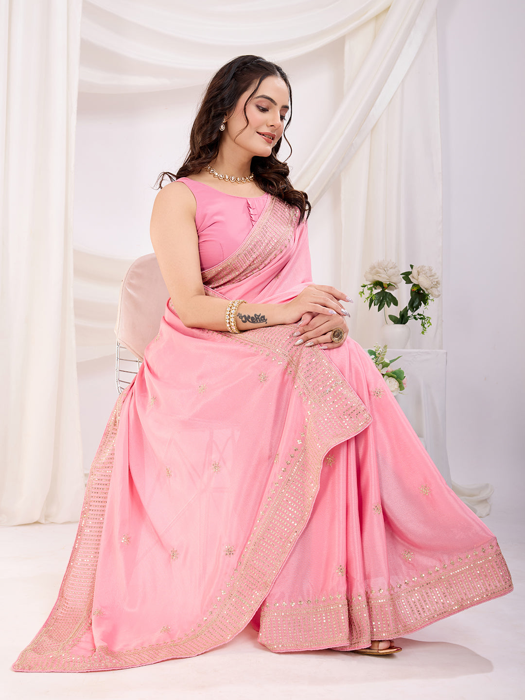 Pink color chinon silk saree with blouse