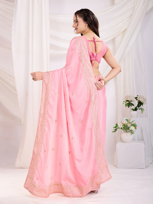 Pink color chinon silk saree for wedding