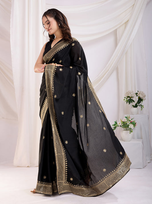 Black color chinon silk saree for wedding