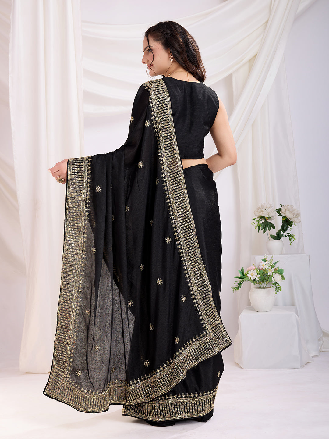 Black color chinon silk saree with blouse price