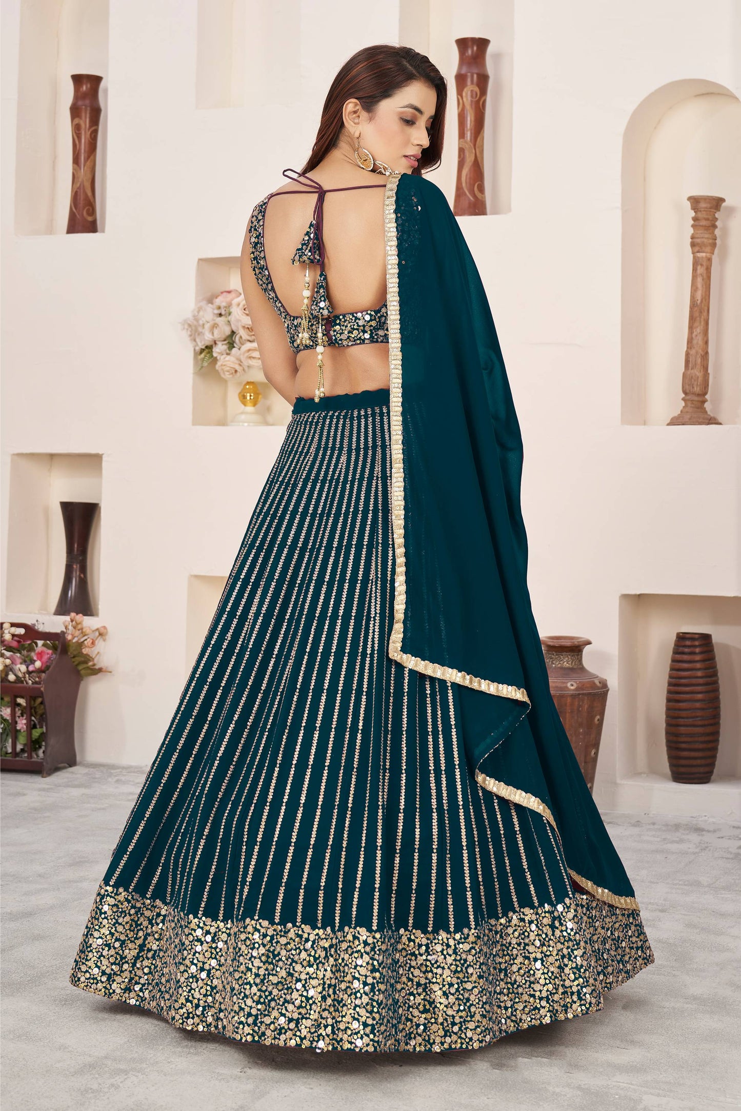 Simple teal color lehenga choli for wedding party wear