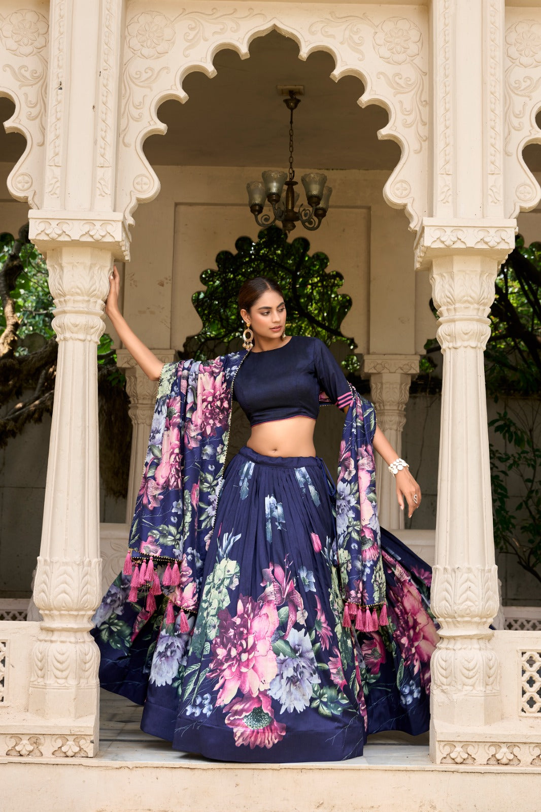 Navy blue tussar silk lehenga choli with price
