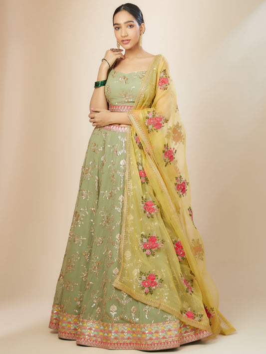 Pista color georgette lehenga choli online shopping