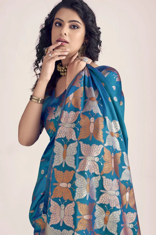 Peacock blue color banarasi silk saree or women online