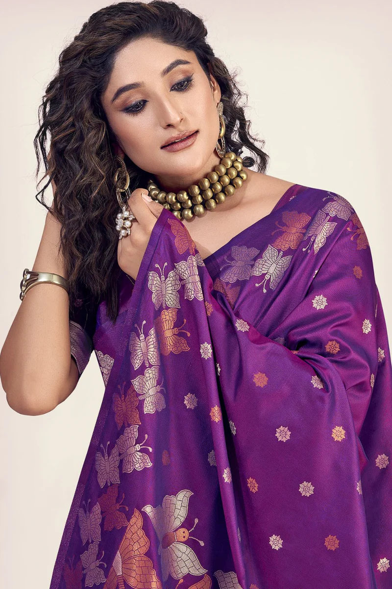 Purple banarasi silk saree for women price