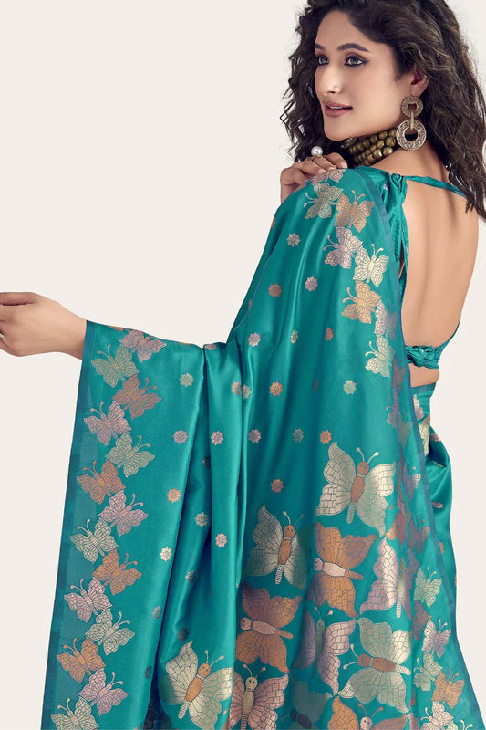 Rama color banarasi silk saree with blouse online