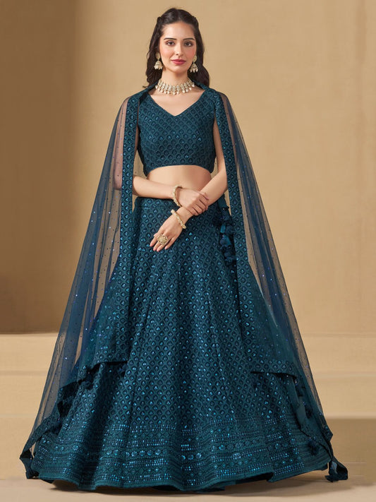Teal color georgette lehenga choli for women