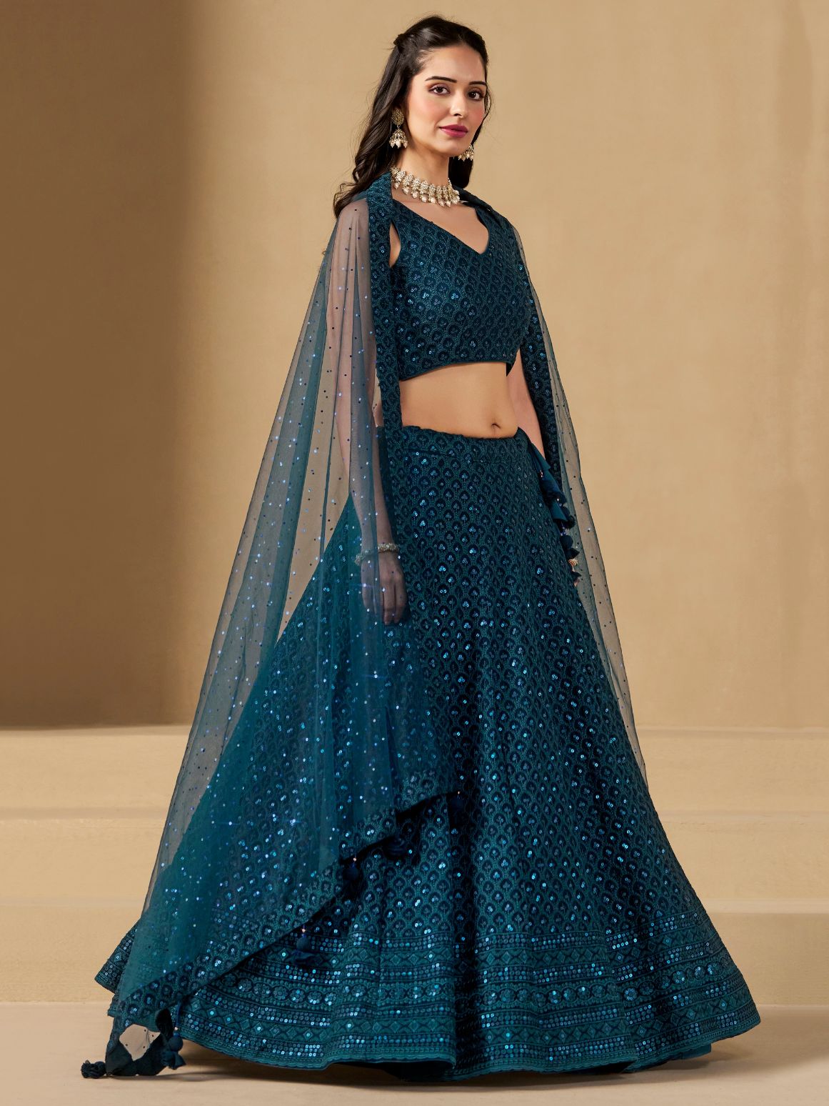 Teal color georgette lehenga choli for wedding