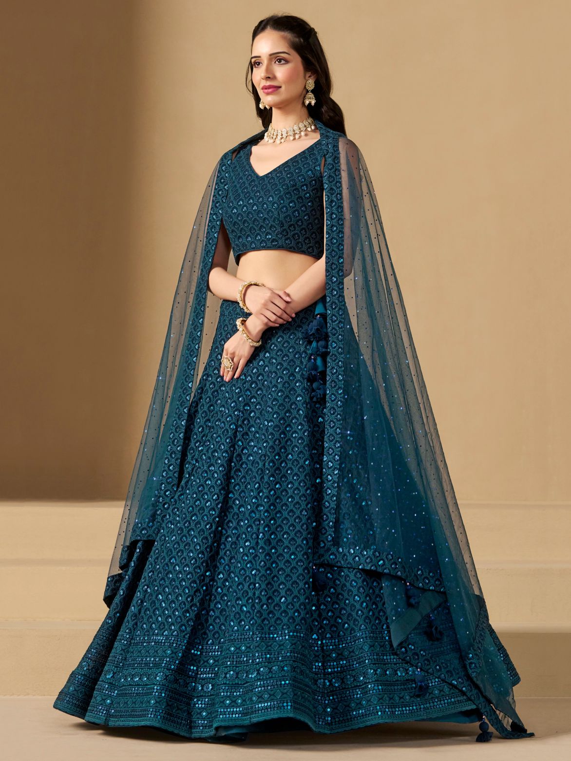 Teal color georgette lehenga choli with dupatta