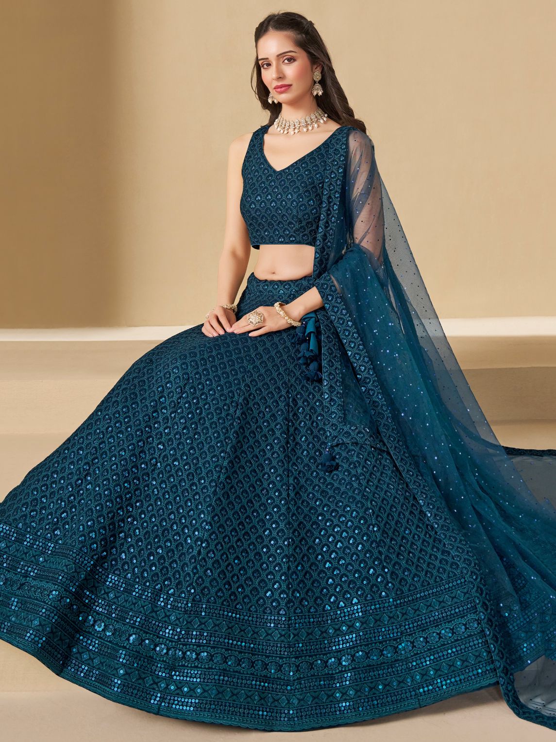 Teal color georgette lehenga choli with dupatta images