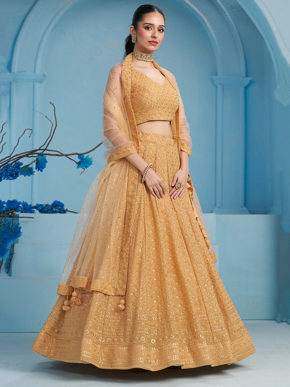 Beige color georgette lehenga choli for wedding