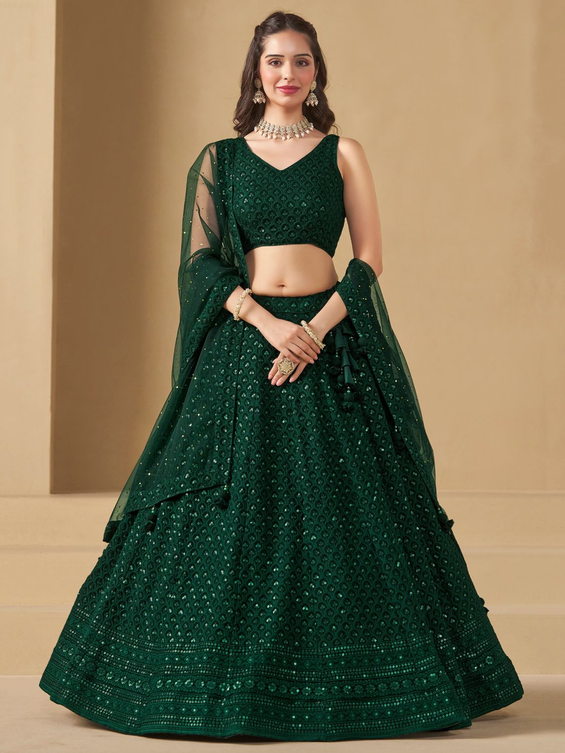 Green color georgette lehenga choli for women