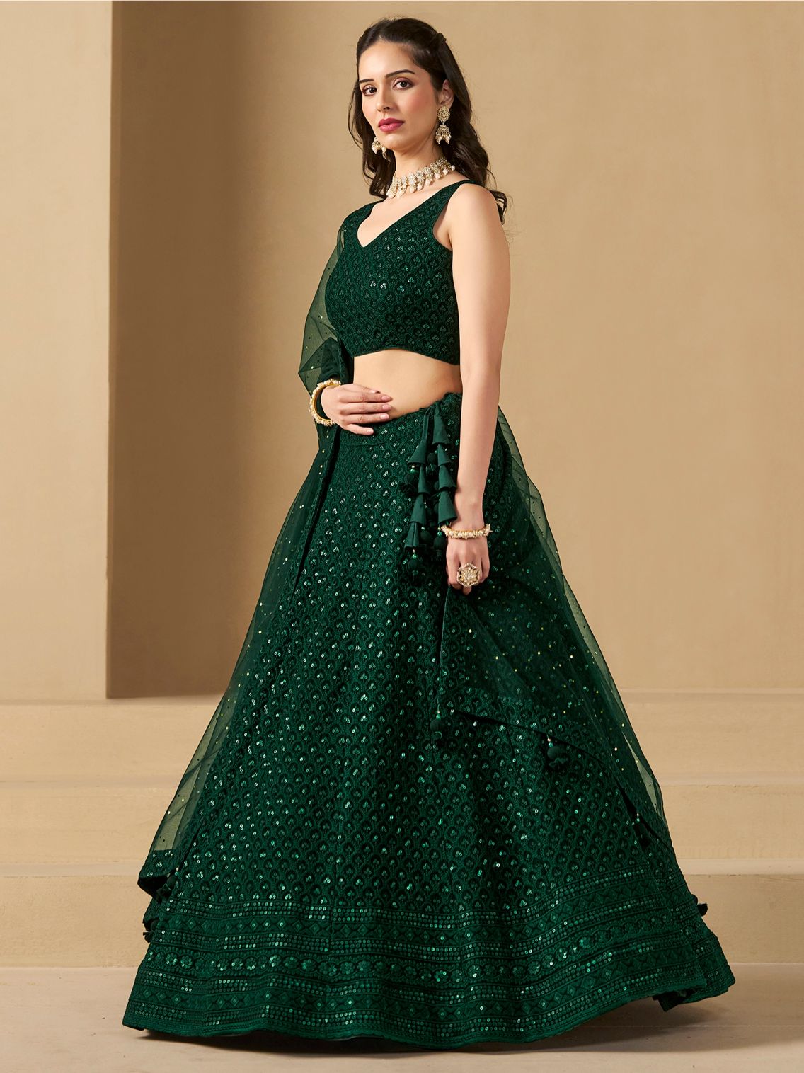 Green color georgette lehenga choli with dupatta images