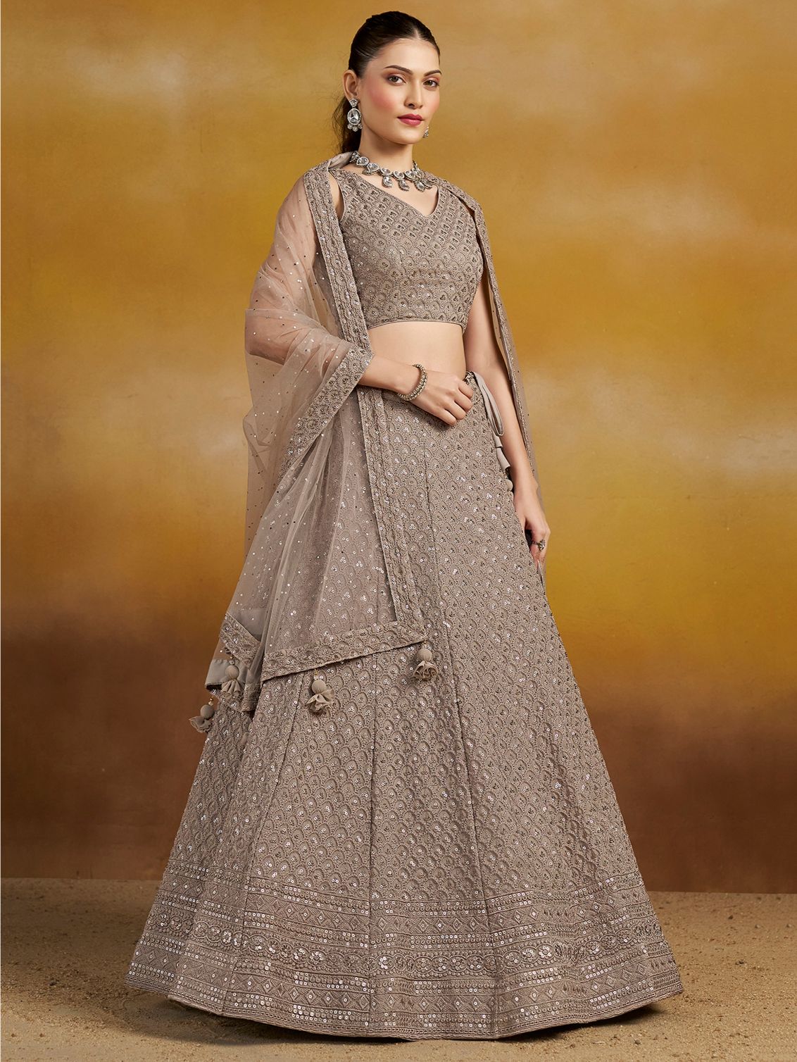 Grey color georgette lehenga choli for wedding