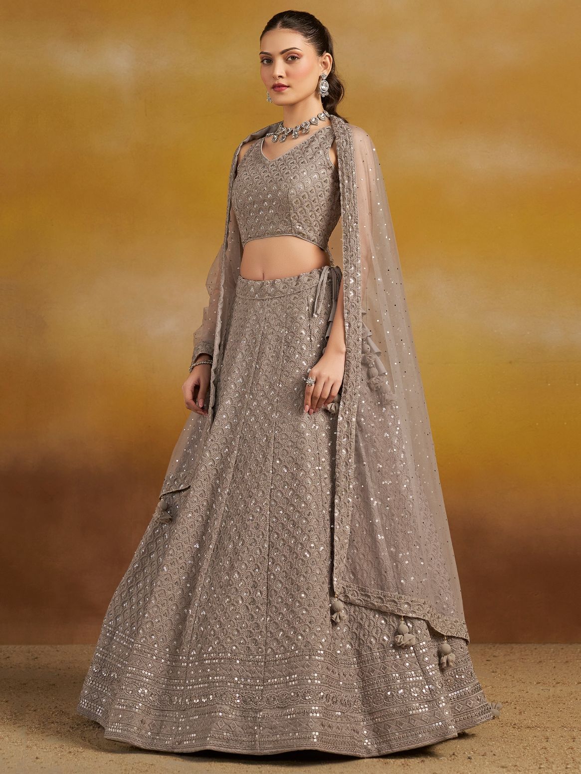 Grey color georgette lehenga choli with dupatta online