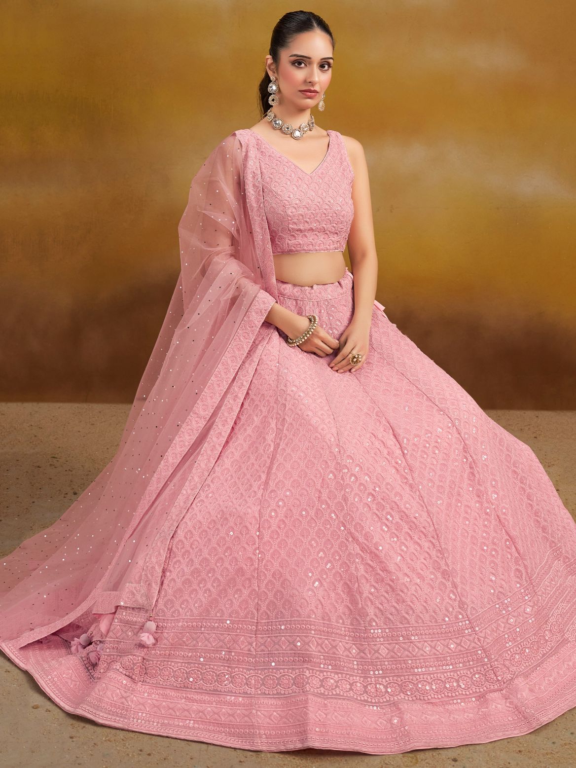 Pink color georgette lehenga choli with dupatta images