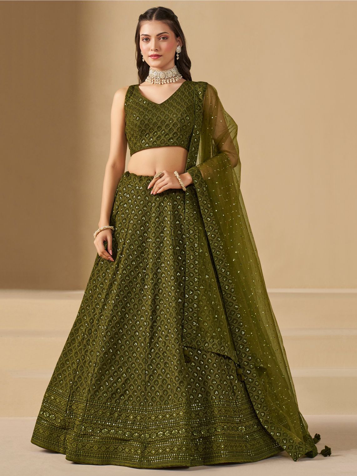 Mehendi color georgette lehenga choli for women