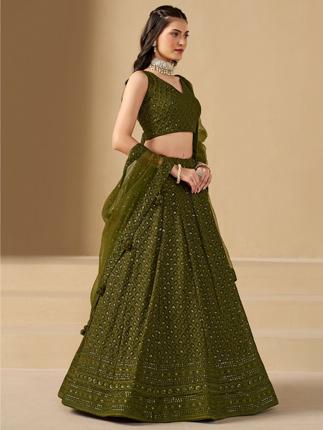 Mehendi color georgette lehenga choli for wedding