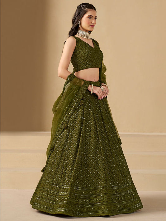 Mehendi color georgette lehenga choli for wedding
