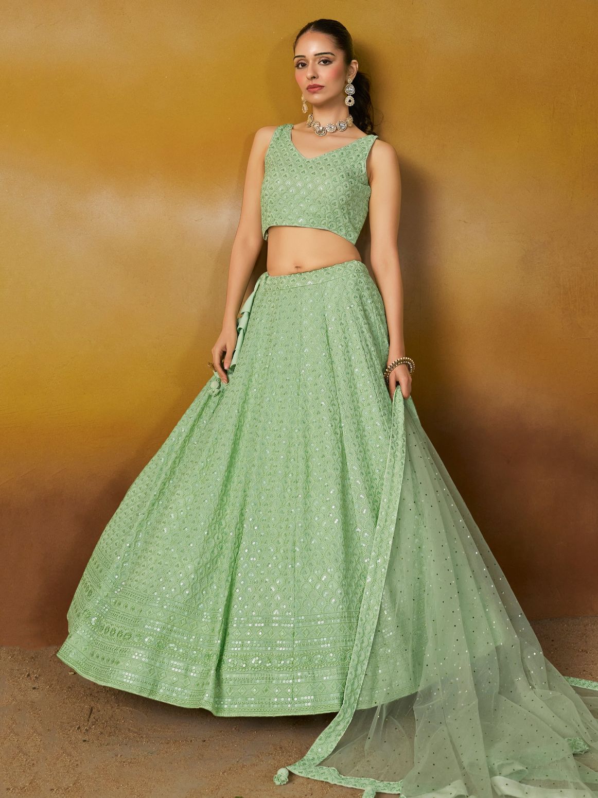 Pista color georgette lehenga choli with dupatta price