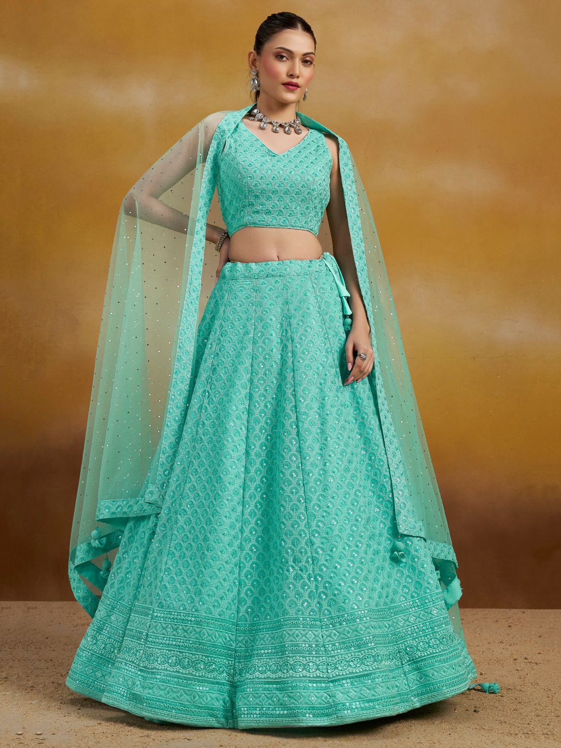Sky color georgette lehenga choli for wedding