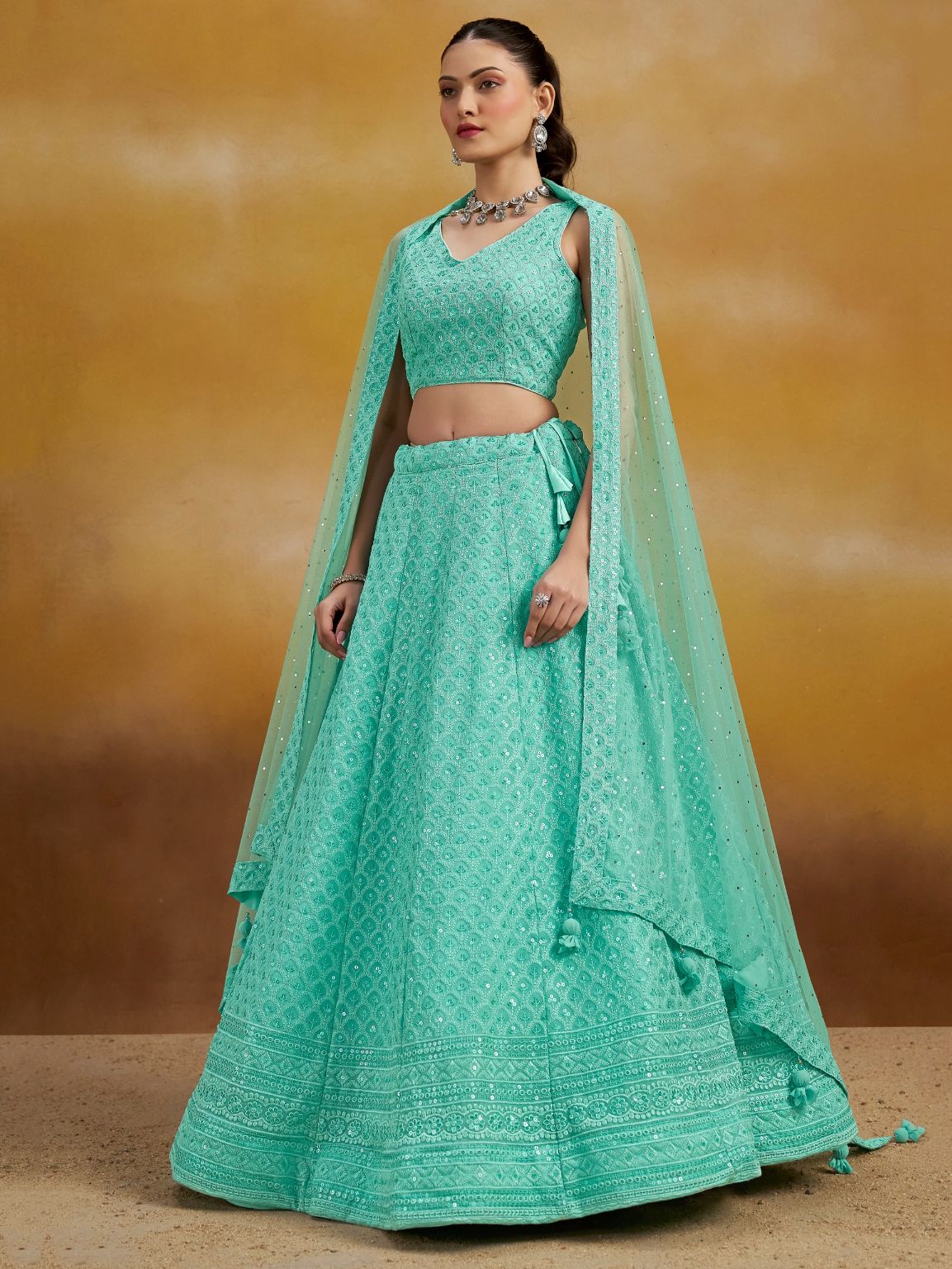 Sky color georgette lehenga choli with dupatta images