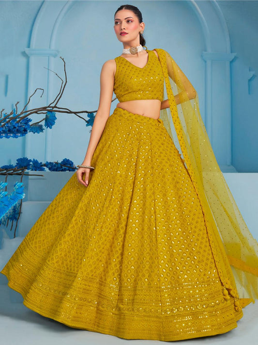 Yellow color georgette lehenga choli for wedding