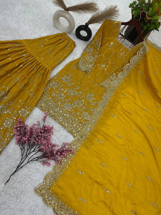 Yellow color chinon silk sharara suit for wedding