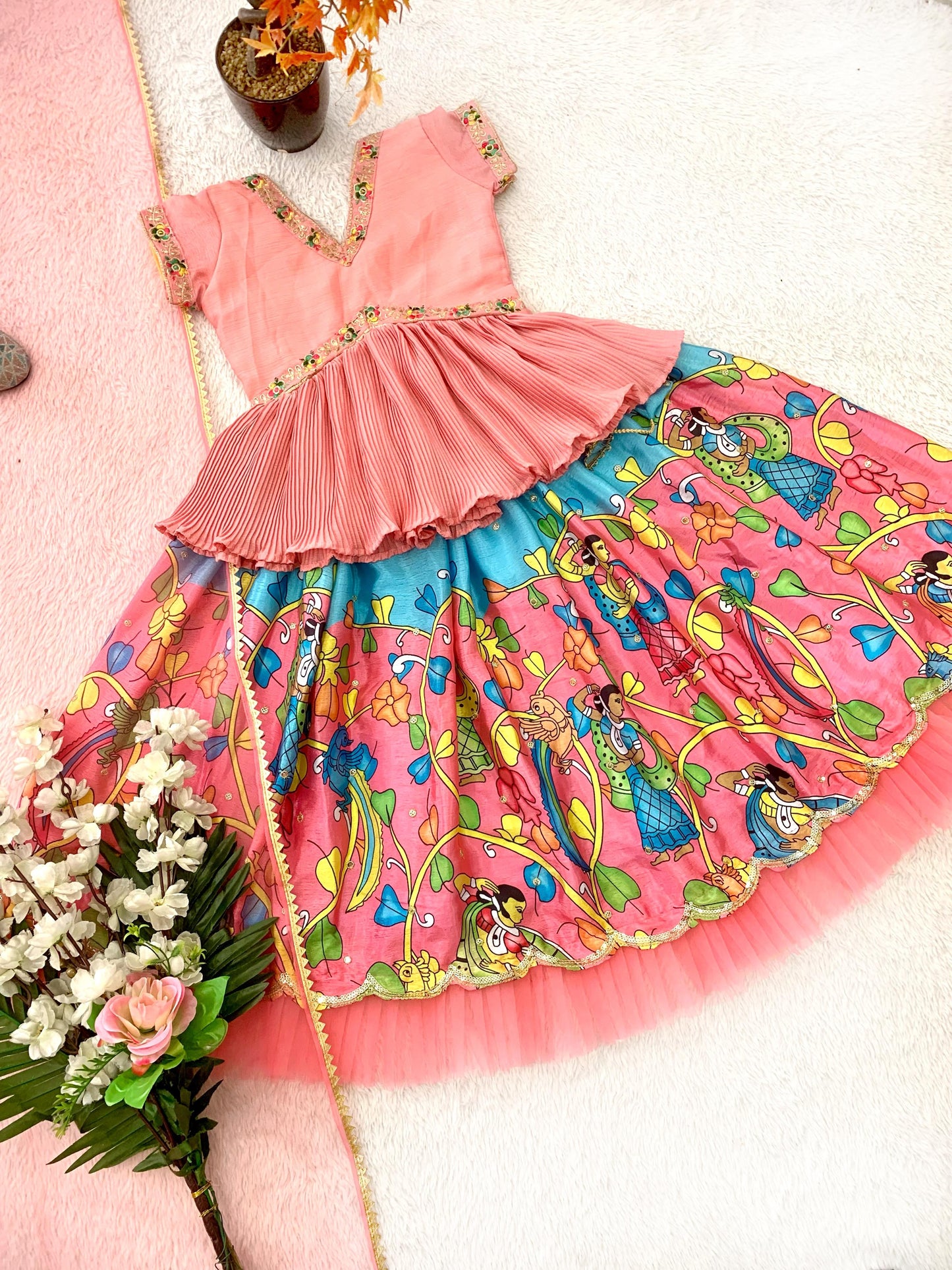 Girls Peach color chinon silk printed chaniya choli price