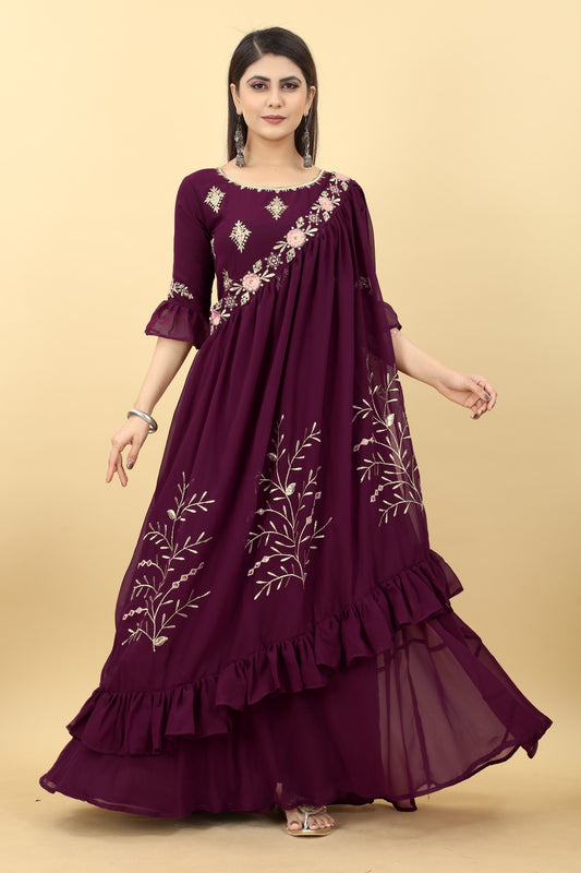 Wine georgette gown with shrug for wedding