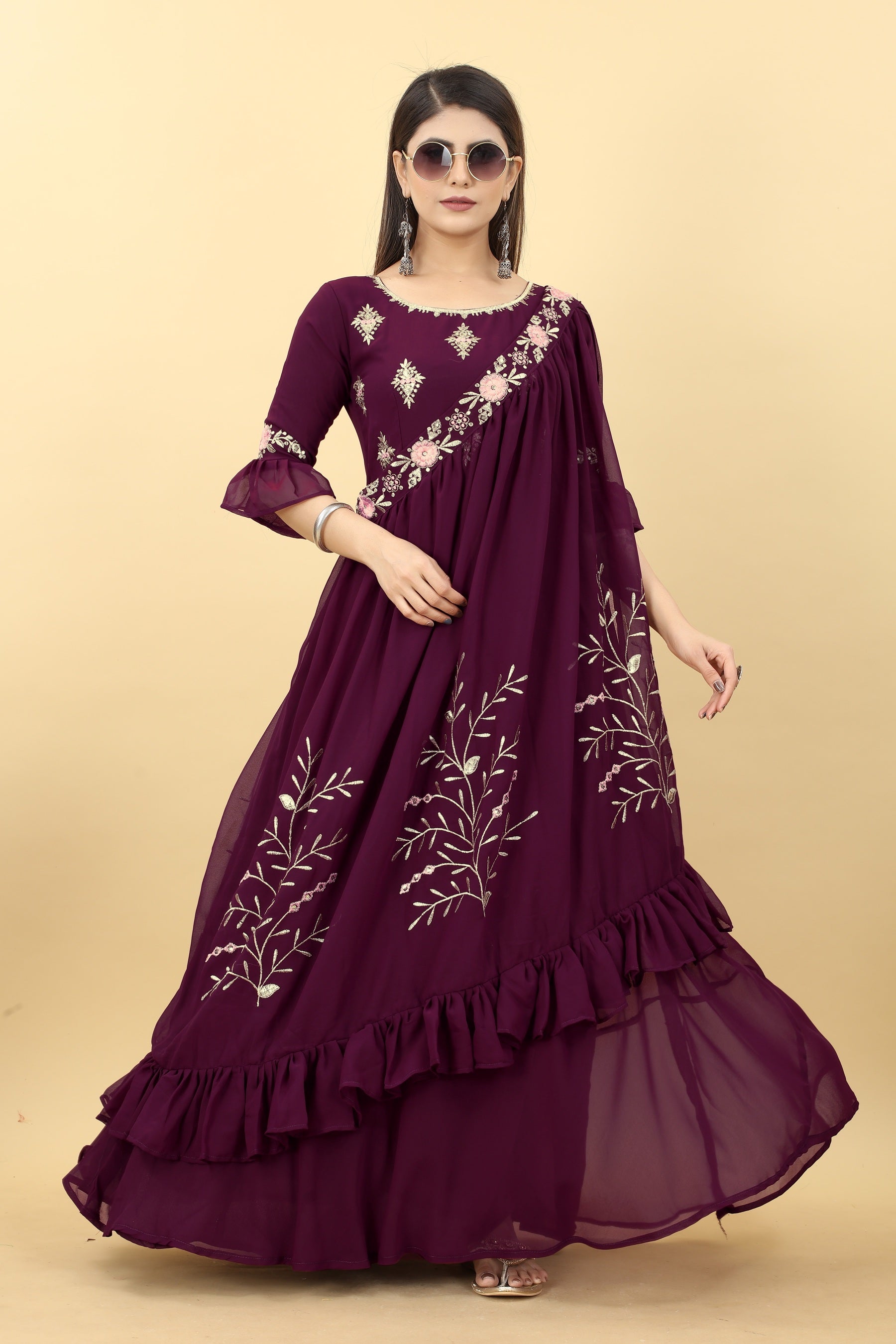 Wine Color Georgette Sequins Work Heavy Gown With Shrug For Women