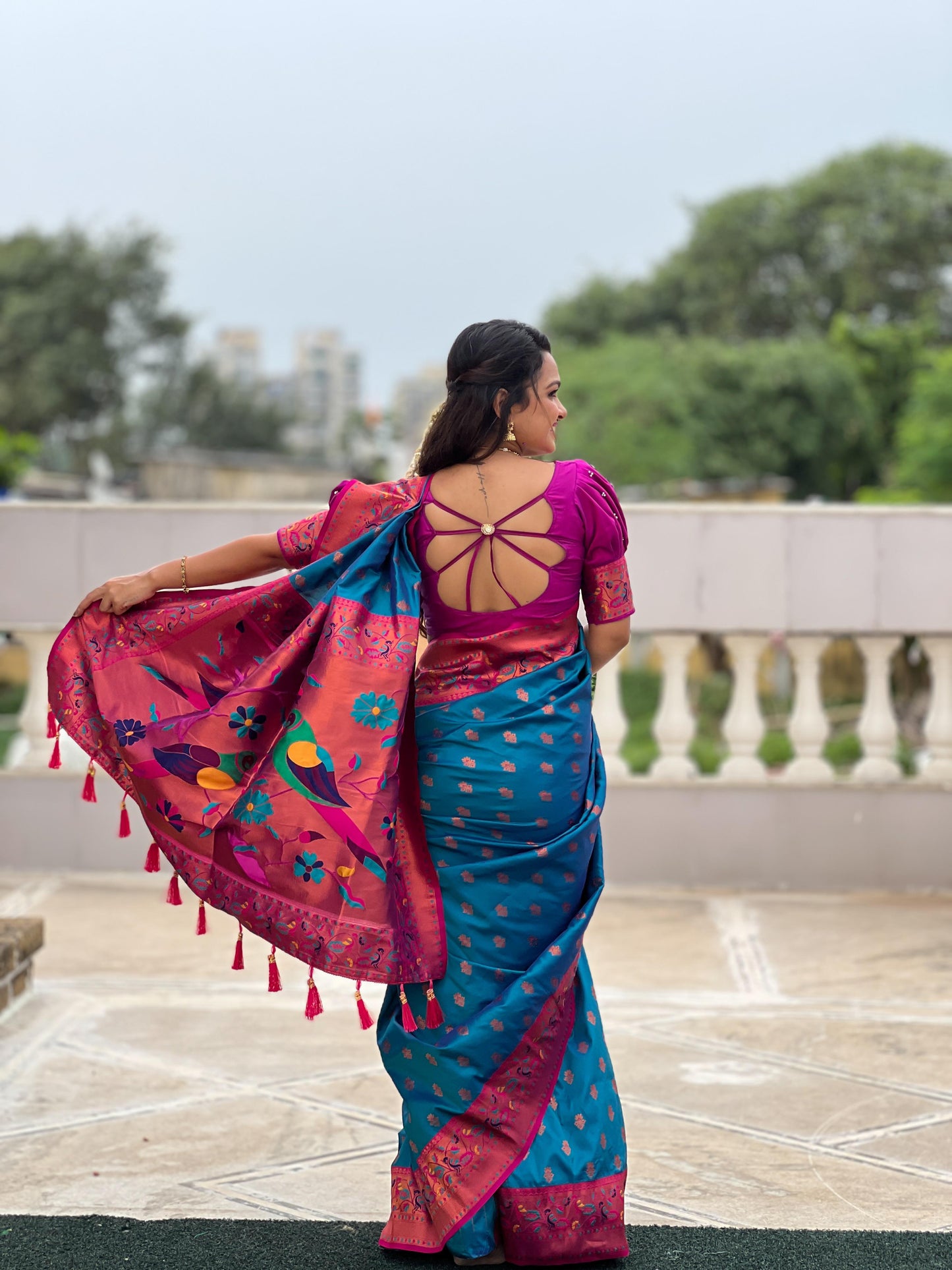 Teal blue color paithani silk saree price
