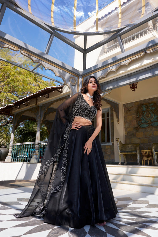 Black color star satin lehenga choli for party