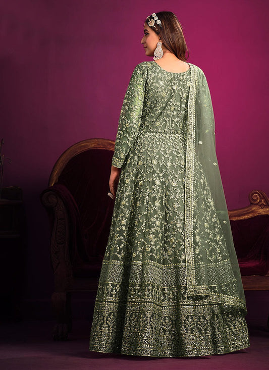 Mehendi color net embroidery work gown  price