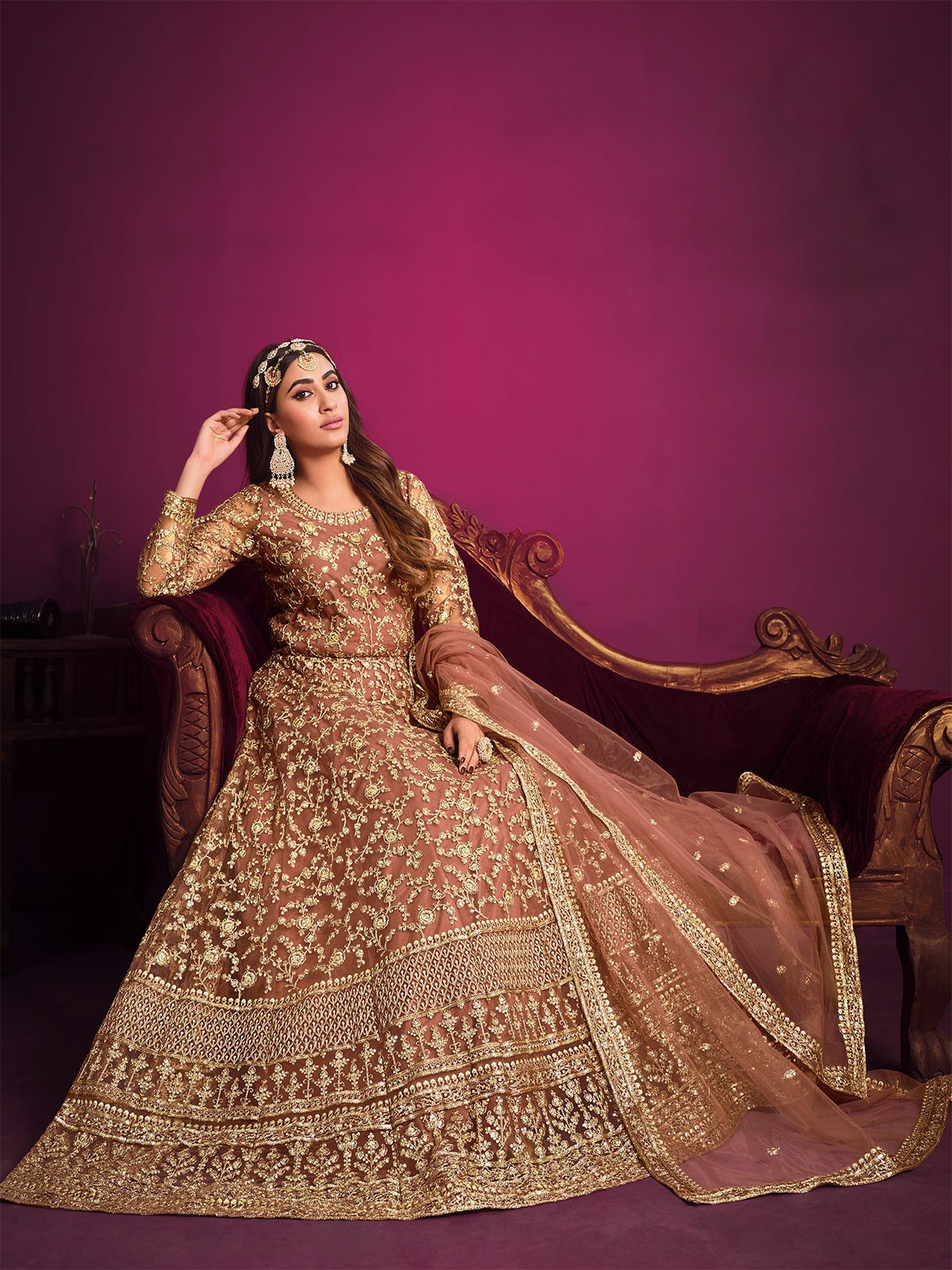 Brown color net embroidery work gown for women