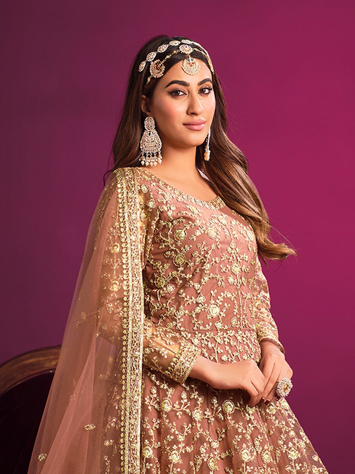 Brown color net embroidery work gown for wedding