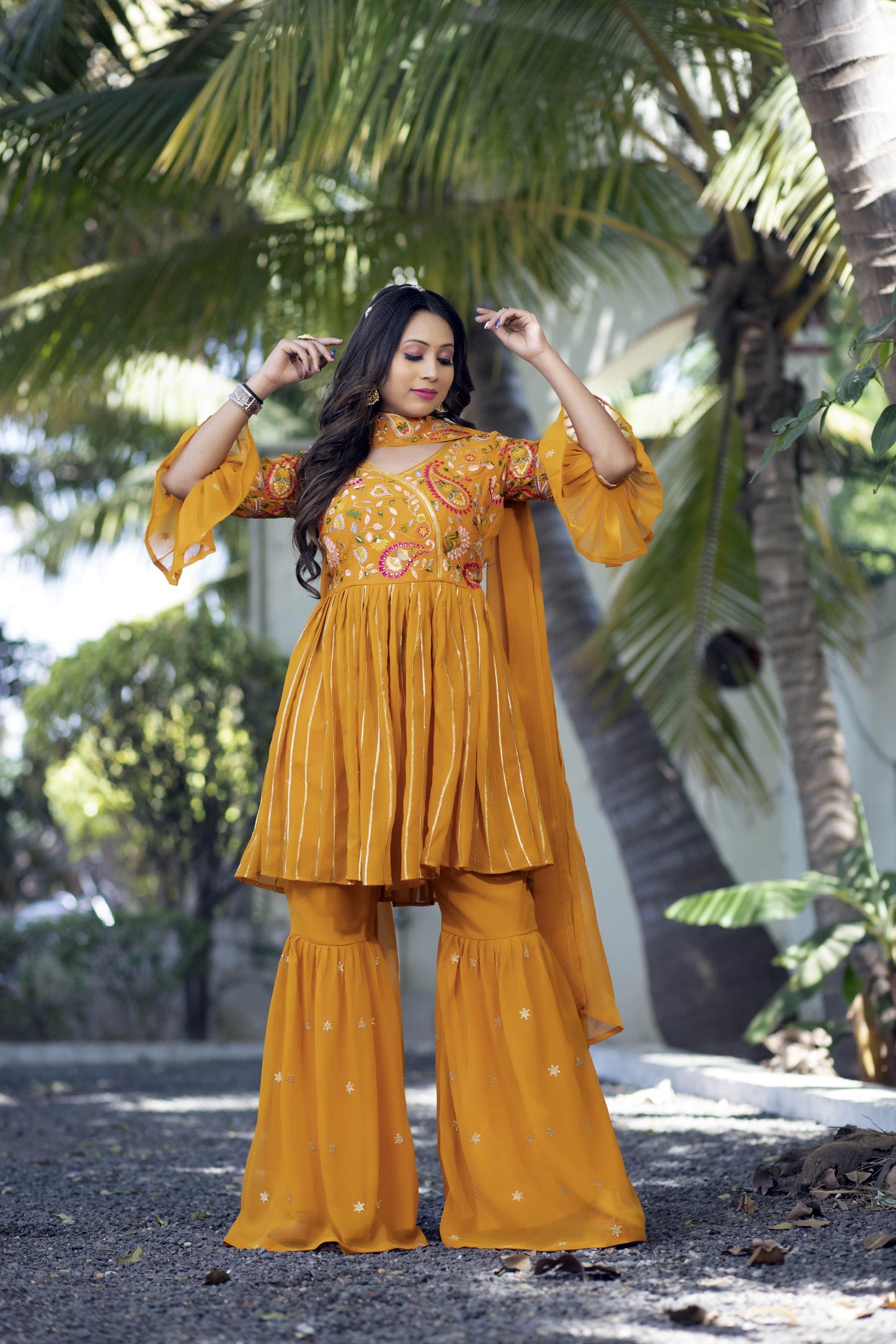 Yellow color georgette sharara suit images