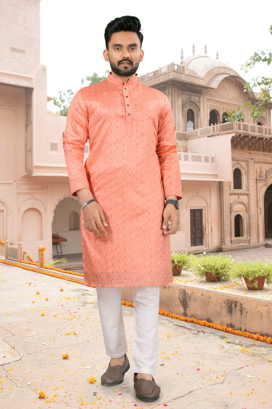 Peach color jacquard silk kurta price