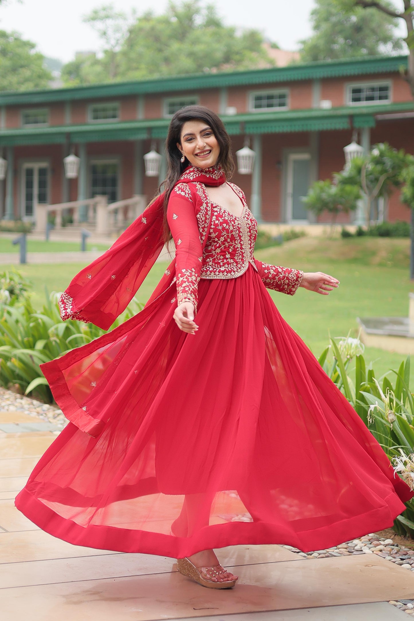 Long red georgette gown for women