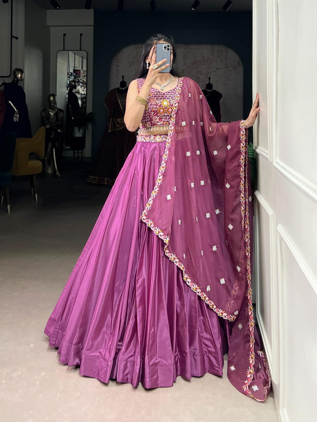 Designer pink embroidery work lehenga