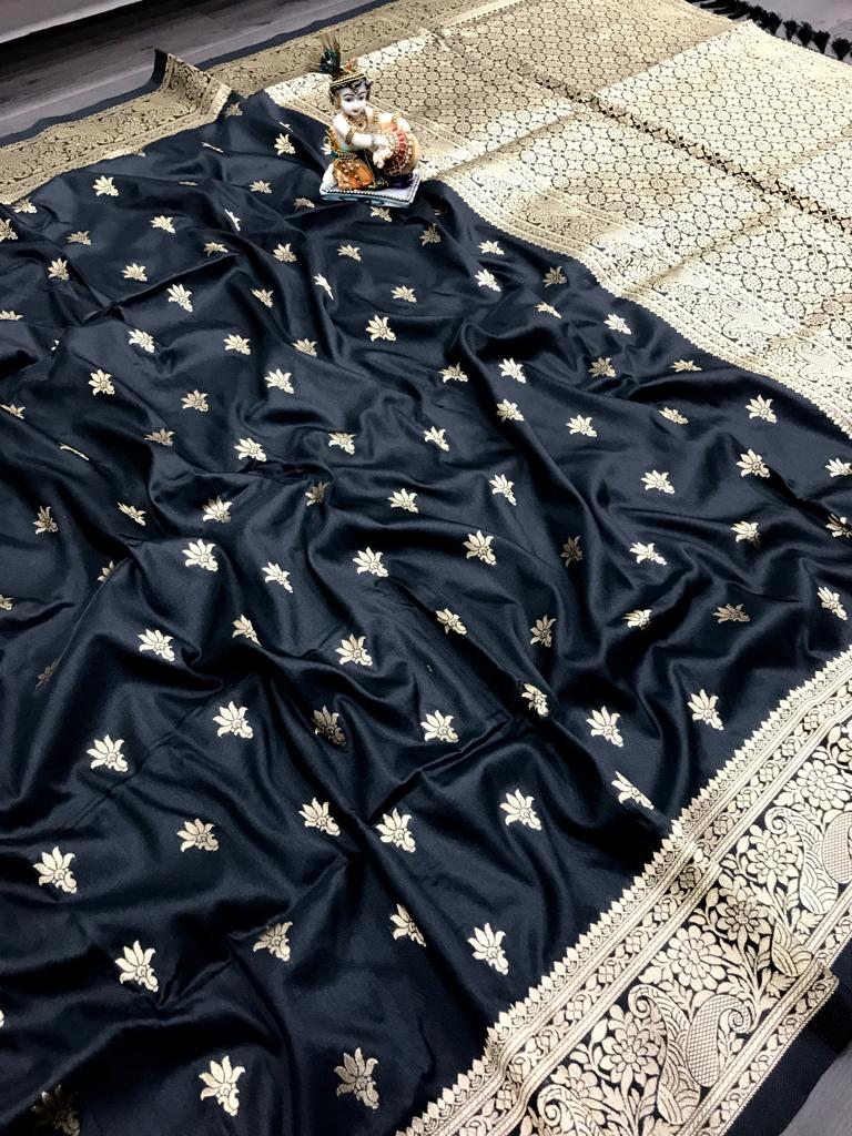 Black color lichi silk saree with blouse price