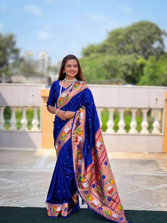 Blue color paithani silk saree with blouse online