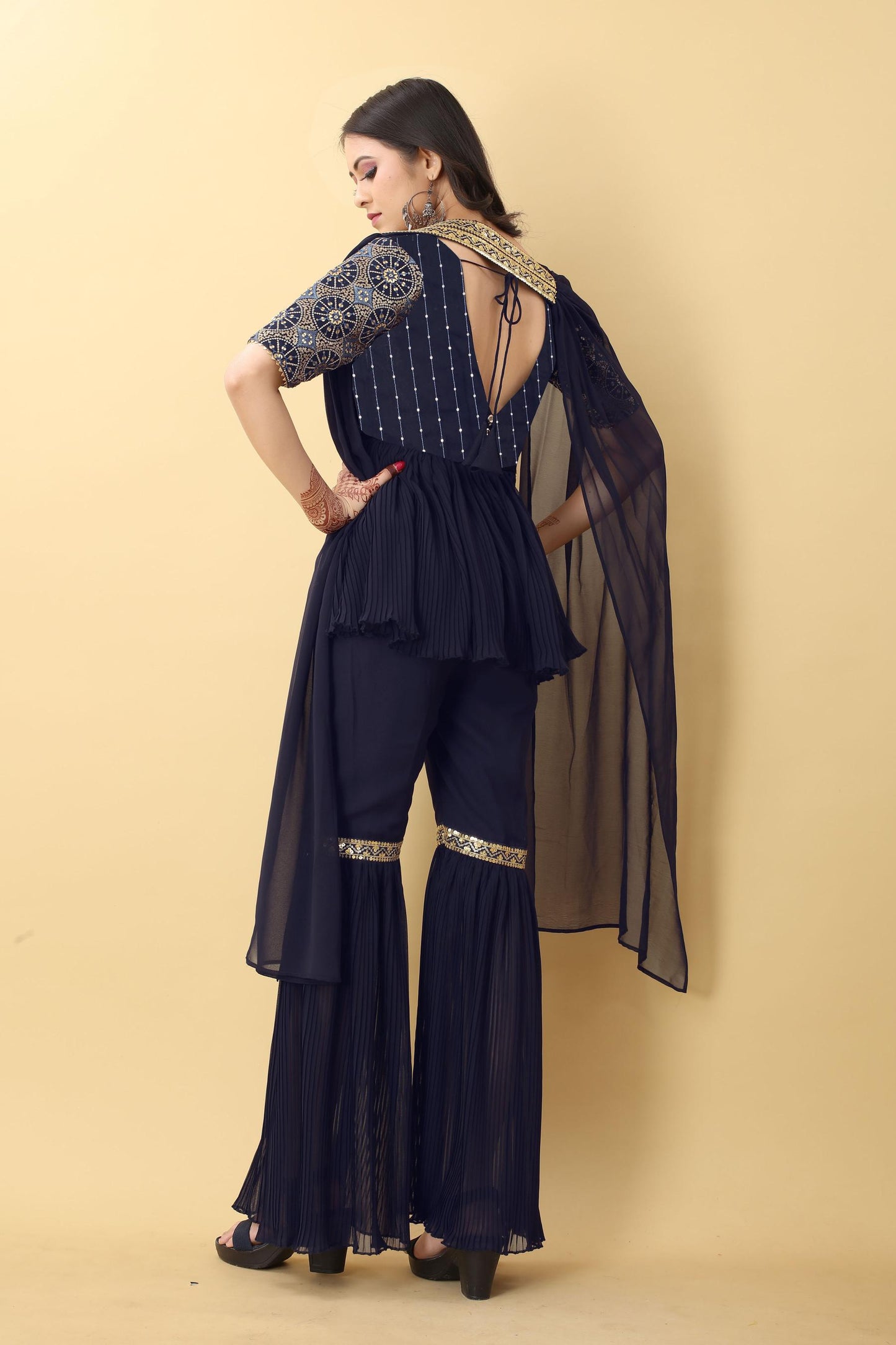 Navy blue georgette sharara suit with online price