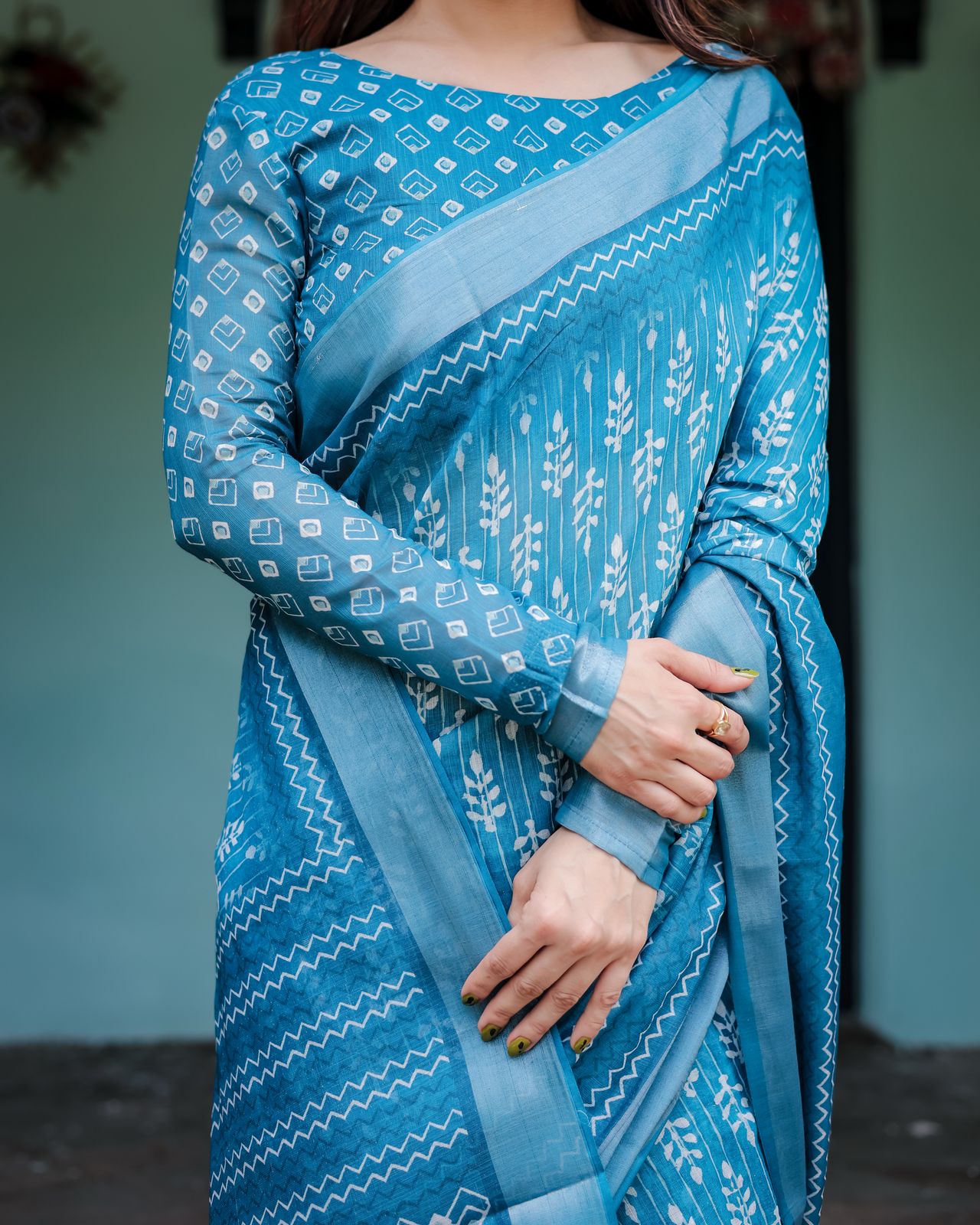 Turquoise linen printed saree with blouse images