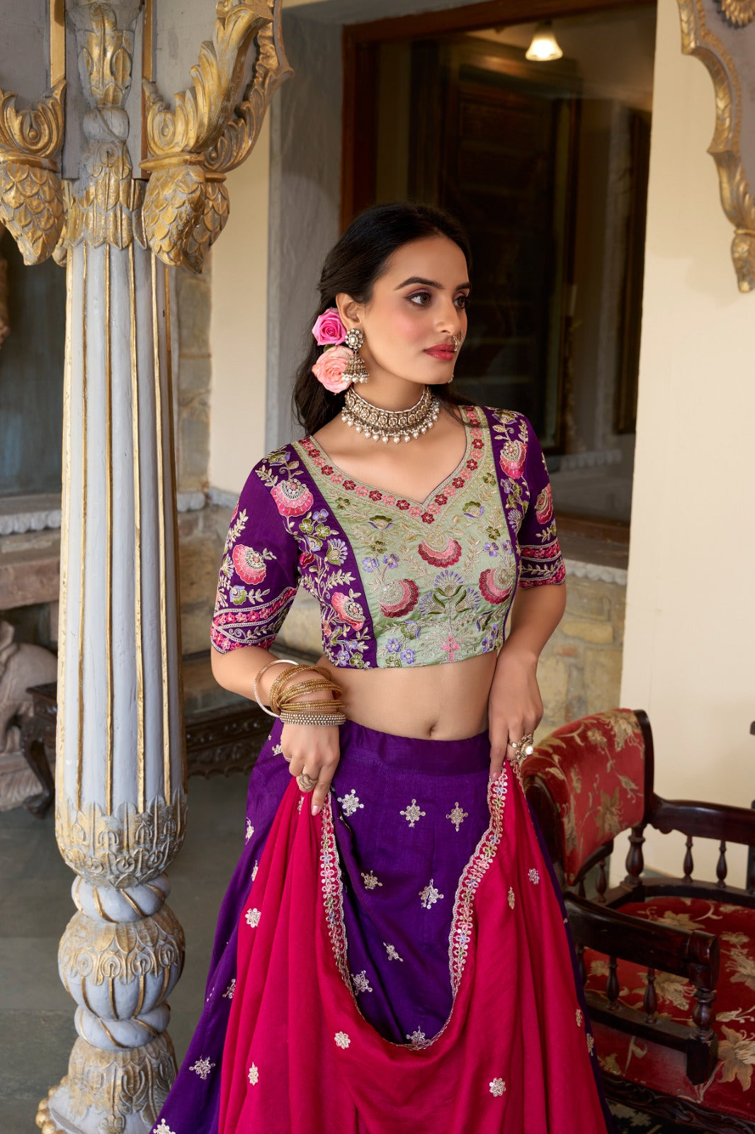 Purple color vichitra silk lehenga choli for festive