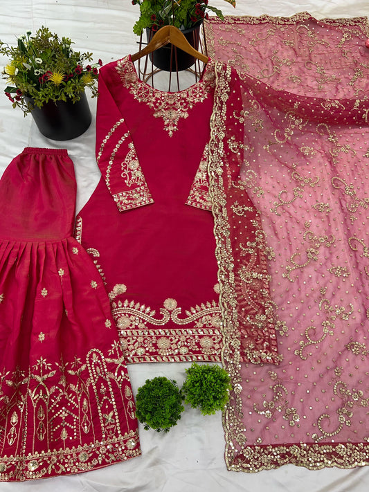 Pink color shimmer silk sharara suit for wedding