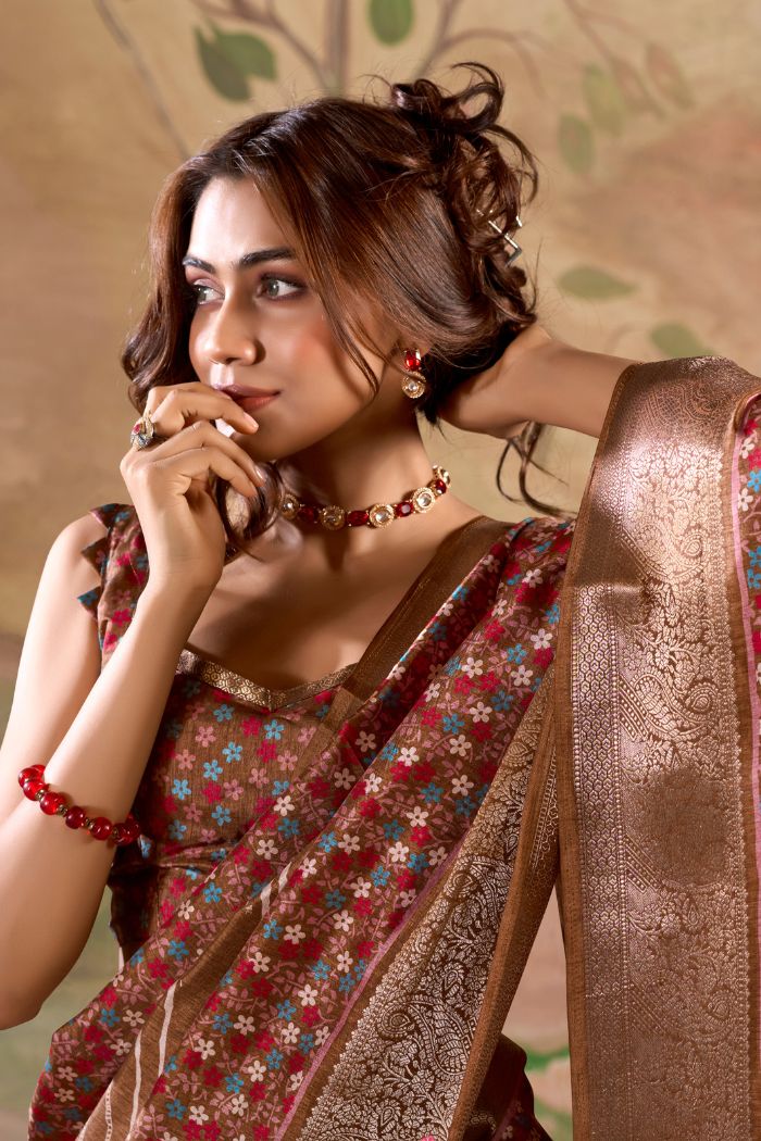 Brown color dola silk saree with blouse online shopping
