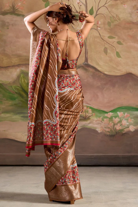 Brown color dola silk saree with blouse online