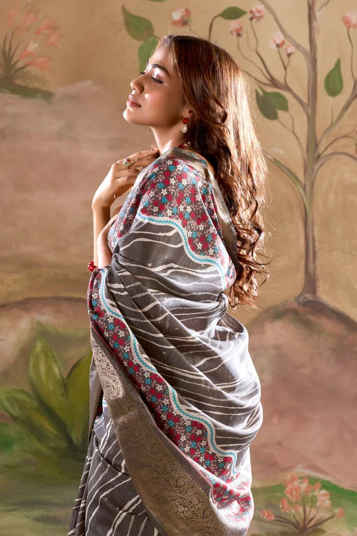 Grey color dola silk saree with blouse images