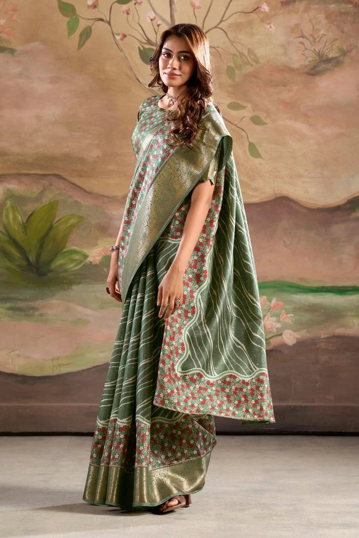 Green color dola silk saree with blouse online
